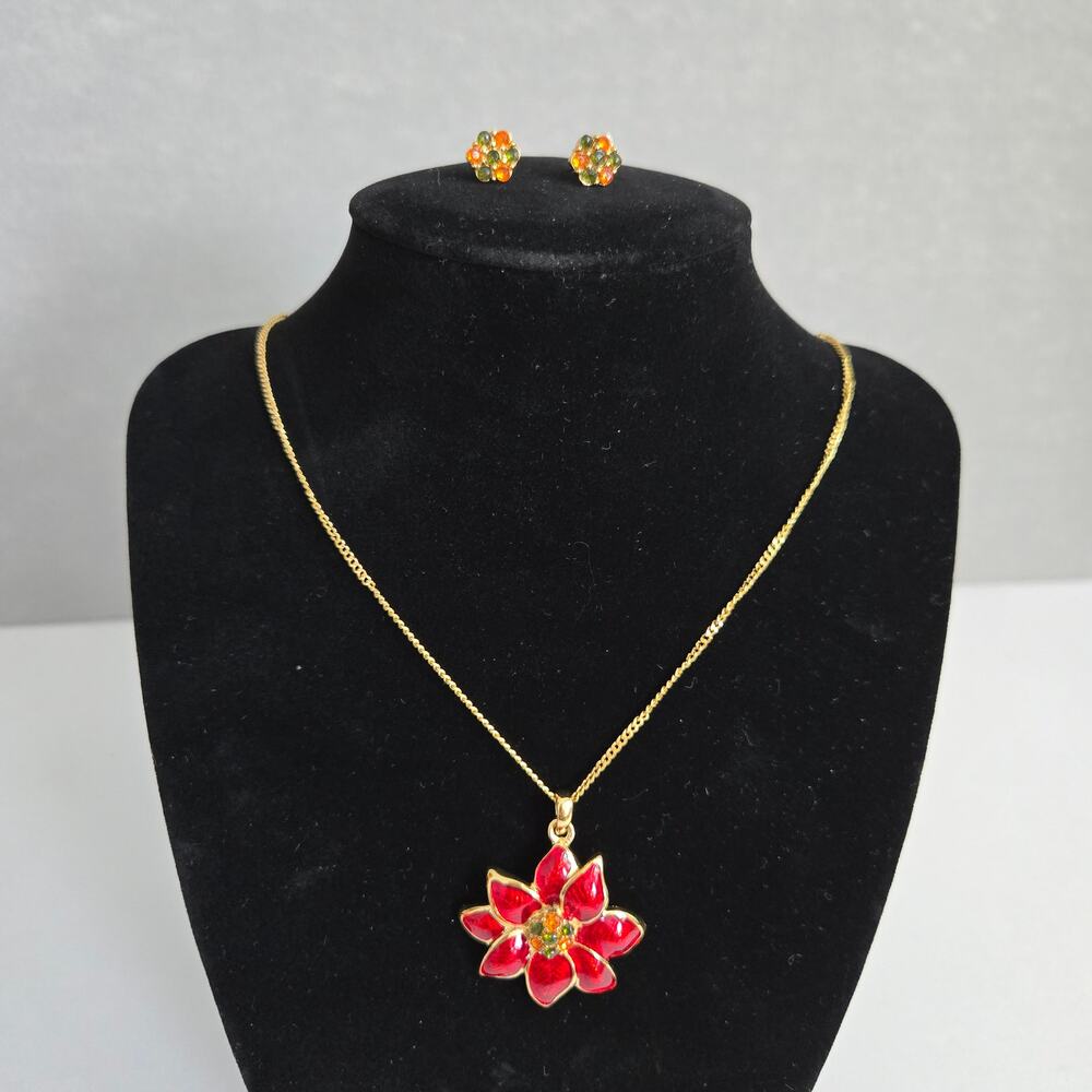Vintage Christopher Radko Red Enameled Poinsettia Necklace and Gemstone Earrings